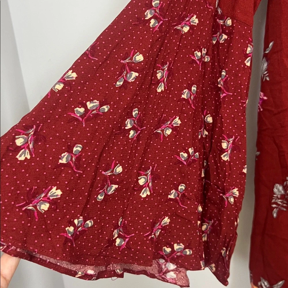 NWT Free People Women's Maroon Red Floral Vintage Combo Long Sleeve Dress Medium